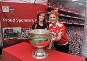 6 August 2011; Tyrone supporters Shauna Kane  and Mary Robinson, pictured with the Sam Maguire before the  GAA Football All-Ireland Senior Championship Quarter-Final, Dublin v Tyrone, Croke Park, Dublin. Picture credit: David Maher / SPORTSFILE