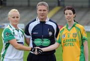 6 August 2011; Referee Des McEnery with Kerry captain Bernie Breen, left, and Donegal captain Aoife McDonnell. TG4 Ladies Football All-Ireland Senior Championship Round 2 Qualifier, Donegal v Kerry, St Brendan's Park, Birr, Co. Offaly. Picture credit: Matt Browne / SPORTSFILE