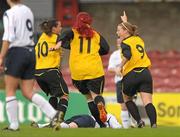 7 August 2011; Mary Waldron, right, St Catherine’s LFC, Dublin, celebrates after scoring her side's 1st goal, with team-mates Noelle Murray, left, and Melissa Haughton. FAI Umbro Women's Senior Challenge Cup Final 2011, Wilton United, Cork v St Catherine’s LFC, Dublin, Turners Cross, Cork. Photo by Sportsfile