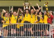 7 August 2011; Niamh Connolly, captain of St Catherine’s LFC, Dublin, lifts the FAI Umbro Women's Senior Challenge Cup. FAI Umbro Women's Senior Challenge Cup Final 2011, Wilton United, Cork v St Catherine’s LFC, Dublin, Turners Cross, Cork. Photo by Sportsfile