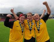 7 August 2011; Melissa Haughton, left, Wendy McGrath and Dionne Lyons, right, St Catherine’s LFC, Dublin, celebrate after the game. FAI Umbro Women's Senior Challenge Cup Final 2011, Wilton United, Cork v St Catherine’s LFC, Dublin, Turners Cross, Cork. Photo by Sportsfile