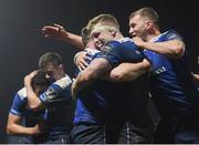 4 March 2017; Ed Byrne is congratulated by his Leinster team-mates Dan Leavy and Ross Molony after scoring his side's sixth try during the Guinness PRO12 Round 17 match between Leinster and Scarlets at the RDS Arena in Ballsbridge, Dublin. Photo by Stephen McCarthy/Sportsfile