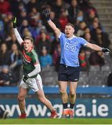 4 March 2017; Cillian O'Connor of Mayo and Philip McMahon of Dublin appeal a wide ball during the Allianz Football League Division 1 Round 4 match between Dublin and Mayo at Croke Park in Dublin. Photo by David Fitzgerald/Sportsfile
