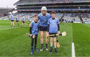 4 March 2017; Allianz mascots Cillian Keegan, left, and Jack Moore, both from Colmmille's GAA Club, Dublin, with Liam Rushe of Dublin ahead of the Allianz Hurling League Division 1A Round 3 game between Dublin and Waterford at Croke Park in Dublin. Photo by Brendan Moran/Sportsfile