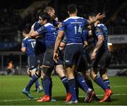 4 March 2017; Joey Carbery is congratulated by his Leinster team-mates, including Ross Molony, after scoring his side's fourth try during the Guinness PRO12 Round 17 match between Leinster and Scarlets at the RDS Arena in Ballsbridge, Dublin. Photo by Stephen McCarthy/Sportsfile