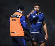 4 March 2017; Adam Byrne receives a drink from Leinster head physiotherapist Garreth Farrell during the Guinness PRO12 Round 17 match between Leinster and Scarlets at the RDS Arena in Ballsbridge, Dublin. Photo by Stephen McCarthy/Sportsfile