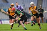 5 March 2017; Leanne Donnelly of Eglish in action against Pamela Whelan, left, and Michelle Nolan of Myshall during the AIB All-Ireland Intermediate Camogie Club Championship Final game between Myshall and Eglish at Croke Park in Dublin. Photo by Seb Daly/Sportsfile
