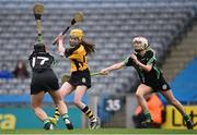 5 March 2017; Emma Coogan of Myshall in action against Julie Lagan, left, and Shauna Jordan of Eglish during the AIB All-Ireland Intermediate Camogie Club Championship Final game between Myshall and Eglish at Croke Park in Dublin. Photo by Seb Daly/Sportsfile