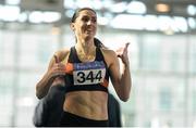 5 March 2017; Snezana Bechtina of Clonliffe Harriers, Co. Dublin, celebrates crossing the line after she won the womens 400m race during the Irish Life Health National Masters Indoor Championships 2017 at AIT International Arena, in Athlone, Co. Westmeath. Photo by Eóin Noonan/Sportsfile