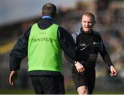 5 March 2017; Roscommon manager Kevin McStay remonstrates with referee Barry Cassidy over additional time at the end of the first half during the Allianz Football League Division 1 Round 4 match between Roscommon and Kerry at Dr Hyde Park in Roscommon. Photo by Stephen McCarthy/Sportsfile