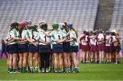 5 March 2017; Sarsfield players make a huddle prior to the AIB All-Ireland Senior Camogie Club Championship Final game between Sarsfields and Slaughtneil at Croke Park in Dublin. Photo by Seb Daly/Sportsfile