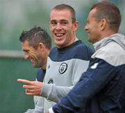 8 August 2011; Republic of Ireland's Richard Dunne, centre, with his team-mate's Robbie Keane and Shay Given, right, during squad training ahead of his side's international friendly against Croatia on Wednesday. Republic of Ireland Squad Training, Gannon Park, Malahide, Co. Dublin. Picture credit: David Maher / SPORTSFILE