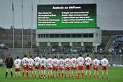 6 August 2011; The Tyrone team stand together during the playing of the National Anthem. GAA Football All-Ireland Senior Championship Quarter-Final, Dublin v Tyrone, Croke Park, Dublin. Picture credit: David Maher / SPORTSFILE