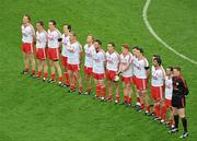6 August 2011; The Tyrone team stand for the National Anthem. GAA Football All-Ireland Senior Championship Quarter-Final, Dublin v Tyrone, Croke Park, Dublin. Picture credit: Daire Brennan / SPORTSFILE