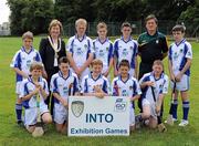 7 August 2011; INTO President Noreen Flynn with Go Games Exhibition Team B, back row, left to right, Leigh McManus, Annaduff N.S., Carrick-on-Shannon, Co. Leitrim, John Murray, Ballymurray N.S., Co. Roscommon, Liam Pender, Kiltealy N.S., Enniscorthy, Co. Wexford, Adam Whyte, Fuerty N.S., Castlecoote, Co. Roscommon, Stephen Loughlin, St. Clare's N.S., Manorhamilton, Co. Leitrim, front row, left to right, Patrick Flynn, St. Joseph's N.S., Co. Leitrim, Conor McGovern, St. Mary's P.S., Mullymesker, Co. Fermanagh, Eoin Fagan, St. Michael's N.S., Castlepollard, Co. Westmeath, Michael Codd, Piercestown N.S., Drinagh, Co. Wexford, Darragh O'Reilly, St. Michael's N.S., Castlepollard, Co. Westmeath. Go Games Exhibition - Sunday 7th August 2011. Croke Park, Dublin. Picture credit: Ray McManus / SPORTSFILE