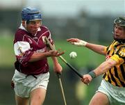 10 March 2002; Kevin Broderick of Galway in action against JJ Delaney of Kilkenny during the Allianz Hurling League Division 1A Round 2 match between Galway and Kilkenny at Duggan Park in Ballinasloe, Galway. Photo by Damien Eagers/Sportsfile