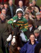 13 March 2002; JT McNamara celebrates winning the 132nd Year of The National Hunt Steeple Chase Challenge Cup on Rith Dubh during Day Two of the Cheltenham Racing Festival at Prestbury Park in Cheltenham, England. Photo by Matt Browne/Sportsfile