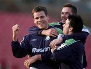 13 March 2002; Stephen Grant of Shamrock Rovers, left, celebrates with team-mates Billy Woods, centre, and Jason Colwell, after scoring his sides second goal during the Eircom League Premier Division match between Cork City and Shamrock Rovers at Turners cross in Cork. Photo by David Maher/Sportsfile