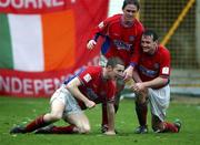 17 March 2002; Eoin Heary of Shelbourne, left, celebrates after scoring his sides second goal with team-mates Richie Baker and Stephen Geoghegan during the Eircom League Premier Division match between Shelbourne and Shamrock Rovers at Tolka Park in Dublin. Photo by David Maher/Sportsfile