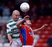 17 March 2002; Peter Hutton of Shelbourne in action against Derek Treacy of Shamrock Rovers during the Eircom League Premier Division match between Shelbourne and Shamrock Rovers at Tolka Park in Dublin. Photo by David Maher/Sportsfile