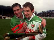 17 March 2002; Johnny Pilkington, left, of Birr celebrates with Brian Mullins following the AIB All-Ireland Club Hurling Championship Final match between Birr and Clarinbridge at Semple Stadium in Thurles, Tipperary. Photo by Ray McManus/Sportsfile