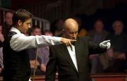 20 March 2002; Mattew Stevens makes a point to referee John Williams during the Irish Snooker Masters Championship match between Matthew Stevens and Jimmy White at the Citywest Hotel in Saggart, Dublin. Photo by Damien Eagers/Sportsfile
