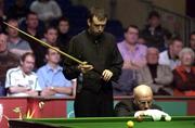 21 March 2002; Referee Colin Brinded resets the white ball watched by Mark Williams during the Irish Snooker Masters Championship Quarter Final match between Peter Ebdon v Mark Williams at the Citywest Hotel in Saggart, Dublin. Photo by Brendan Moran/Sportsfile