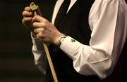 21 March 2002; Ken Doherty, with a shamrock on his cuff, chalks his cue during his match with Stephen Lee. Citywest Irish Masters Snooker Quarter-Final, Ken Doherty v Stephen Lee, Citywest Hotel, Saggart, Co. Dublin. Picture credit; Brendan Moran / SPORTSFILE *EDI*