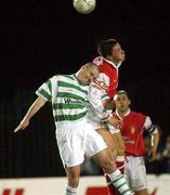17 March 2002; Ger McCarthy of St Patricks Athletic in action against Derek Treacy of Shamrock Rovers during the Eircom League Premier Division match between Shelbourne and Shamrock Rovers at Tolka Park in Dublin. Photo by David Maher/Sportsfile