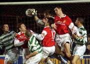 17 March 2002; Robbie Griffin, left, Ger McCarthy, centre and Darragh McGurire of St Patricks Athletic in action against  Shamrock Rovers goalkeeper Tony O'Dowd during the Eircom League Premier Division match between Shelbourne and Shamrock Rovers at Tolka Park in Dublin. Photo by David Maher/Sportsfile
