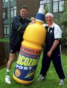 25 March 2002; Republic of Ireland's Niall Quinn and Mick Byrne at the announcement that Lucozade Sport is to become the Official Sports Drink to the Irish Soccer Team outside The Republic of Ireland Team Hotel ahead of a Republic of Ireland training session at John Hyland Park in Baldonnel, Dublin. Photo by David Maher/Sportsfile