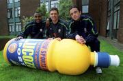 25 March 2002; Players, from left, Clinton Morrison, Niall Quinn and Gary Kelly pictured at the announcement that Lucozade Sport is to become the Official Sports Drink to the Irish Soccer Team outside The Republic of Ireland Team Hotel ahead of a Republic of Ireland training session at John Hyland Park in Baldonnel, Dublin. Photo by David Maher/Sportsfile