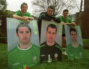 25 March 2002;  Republic of Ireland international's Robbie Keane, left, Niall Quinn, right and goalkeeper Shay Given at the release of the eircom World Cup Callcard Collection ahead of a Republic of Ireland training session at John Hyland Park in Baldonnel, Dublin. Photo by David Maher/Sportsfile