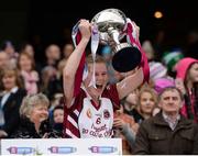 5 March 2017; Aoife Ní Chaiside of Slaughtneil lifts the Bill & Agnes Carroll Cup following her side's victory during the AIB All-Ireland Senior Camogie Club Championship Final game between Sarsfields and Slaughtneil at Croke Park in Dublin. Photo by Seb Daly/Sportsfile
