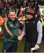 5 March 2017; Offaly manager Pat Flanagan and Armagh manager Kieran McGeeney shake hands after the game.Allianz Football League Division 3 Round 4 match between Armagh and Offaly held at the Athletic grounds, in Armagh. Photo by Philip Fitzpatrick/Sportsfile