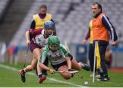5 March 2017; Sarah Spellman of Sarsfields in action against Clare McGrath of Slaughtneil during the AIB All-Ireland Senior Camogie Club Championship Final game between Sarsfields and Slaughtneil at Croke Park in Dublin. Photo by Seb Daly/Sportsfile