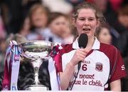 5 March 2017; Slaughtneil captain Aoife Ní Chaiside makes a speech following her side's victory during the AIB All-Ireland Senior Camogie Club Championship Final game between Sarsfields and Slaughtneil at Croke Park in Dublin. Photo by Seb Daly/Sportsfile