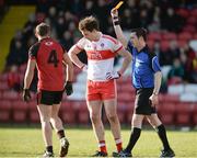 5 March 2017; Referee Paddy Neilan issues yellow cards to James Kielt of Derry and Darren O'Hagan of Down during the Allianz Football League Division 2 Round 4 match between Derry and Down at Celtic Park, Derry, Co. Derry Photo by Oliver McVeigh/Sportsfile