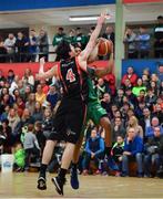 11 February 2017; Trae Pemberton of Garvey's Tralee Warriors in action against Cian Nihill of Pyrobel Killester in front of a large crowd during the Basketball Ireland Super League game between Garvey’s Tralee Warriors and Pyrobel Killester at Tralee Sports Complex in Tralee, Co. Kerry. Photo by Brendan Moran/Sportsfile