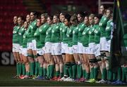 3 February 2017; The Ireland team stand for the national anthem prior to the RBS Women's Six Nations Rugby Championship match between Scotland and Ireland at Broadwood Stadium in Cumbernauld, Scotland. Photo by Brendan Moran/Sportsfile