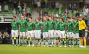 10 August 2011; The Republic of Ireland players, from left to right, Stephen Kelly, Richard Dunne, Shane Long, Damien Duff, Glenn Whelan, Stephen Ward, Darron Gibson, Stephen Hunt, Sean St. Ledger, Robbie Keane and goalkeeper Shay Given stand for a minute's silence for the late FAI National Council member Tom Hand. International Soccer Friendly, Republic of Ireland v Croatia, Aviva Stadium, Lansdowne Road, Dublin. Picture credit: David Maher / SPORTSFILE