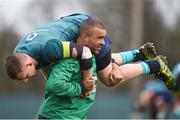 6 March 2017; Simon Zebo of Ireland carries teammate Andrew Conway during squad training at Carton House in Maynooth, Co. Kildare. Photo by Seb Daly/Sportsfile