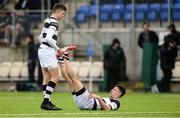 6 March 2017; Mark Donnelly of Belvedere College, left, helps team-mate Peter Maher with cramp during the Bank of Ireland Leinster Schools Senior Senior Cup Semi-Final game between Belvedere College and Clongowes Wood College at Donnybrook Stadium in Donnybrook, Co. Dublin. Photo by Piaras Ó Mídheach/Sportsfile