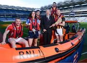 8 March 2017; The RNLI and the GAA have announced a major partnership aimed at reducing the number of people who lose their lives though drowning in Ireland. The lifeboat charity and the sporting organisation will work with clubs and communities to provide information and support through the ‘Respect the Water’ campaign, which will run throughout the summer. The partnership will be supported through the GAA’s Healthy Clubs initiative. There are 333 GAA clubs in 10km radius of the 46 RNLI lifeboat stations in Ireland. Pictured are, from left, Cork footballer Brian Hurley, Dublin ladies footballer Lyndsey Davey, Kerry footballer Killian Young, broadcaster Mícheál Ó Muircheartaigh, Antrim hurler Neil McManus, and Kilkenny hurler Jackie Tyrell, at Croke Park in Dublin. Photo by Seb Daly/Sportsfile