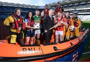8 March 2017; The RNLI and the GAA have announced a major partnership aimed at reducing the number of people who lose their lives though drowning in Ireland. The lifeboat charity and the sporting organisation will work with clubs and communities to provide information and support through the ‘Respect the Water’ campaign, which will run throughout the summer. The partnership will be supported through the GAA’s Healthy Clubs initiative. There are 333 GAA clubs in 10km radius of the 46 RNLI lifeboat stations in Ireland. Pictured are, from left, Howth RNLI crew member Fin Goggin, Dublin ladies footballer Lyndsey Davey, Kerry footballer Killian Young, Galway RNLI crew member and former Galway hurling All-Ireland minor winner David Badger, Antrim hurler Neil McManus, broadcaster Mícheál Ó Muircheartaigh, Cork footballer Brian Hurley, Kilkenny hurler Jackie Tyrell, Howth RNLI mechanic Ian Sheridan, and Valentia Co. Kerry, RNLI crew member Brendan Curtin, at Croke Park in Dublin. Photo by Seb Daly/Sportsfile