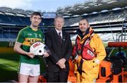 8 March 2017; The RNLI and the GAA have announced a major partnership aimed at reducing the number of people who lose their lives though drowning in Ireland. The lifeboat charity and the sporting organisation will work with clubs and communities to provide information and support through the ‘Respect the Water’ campaign, which will run throughout the summer. The partnership will be supported through the GAA’s Healthy Clubs initiative. There are 333 GAA clubs in 10km radius of the 46 RNLI lifeboat stations in Ireland. Pictured are, from left, Kerry footballer Killian Young, broadcaster Mícheál Ó Muircheartaigh, and Valentia Co. Kerry, RNLI crew member Brendan Curtin, at Croke Park in Dublin. Photo by Seb Daly/Sportsfile