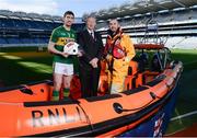 8 March 2017; The RNLI and the GAA have announced a major partnership aimed at reducing the number of people who lose their lives though drowning in Ireland. The lifeboat charity and the sporting organisation will work with clubs and communities to provide information and support through the ‘Respect the Water’ campaign, which will run throughout the summer. The partnership will be supported through the GAA’s Healthy Clubs initiative. There are 333 GAA clubs in 10km radius of the 46 RNLI lifeboat stations in Ireland. Pictured are, from left, Kerry footballer Killian Young, broadcaster Mícheál Ó Muircheartaigh, and Valentia Co. Kerry, RNLI crew member Brendan Curtin, at Croke Park in Dublin. Photo by Seb Daly/Sportsfile