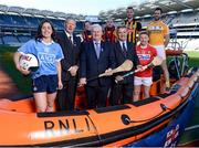8 March 2017; The RNLI and the GAA have announced a major partnership aimed at reducing the number of people who lose their lives though drowning in Ireland. The lifeboat charity and the sporting organisation will work with clubs and communities to provide information and support through the ‘Respect the Water’ campaign, which will run throughout the summer. The partnership will be supported through the GAA’s Healthy Clubs initiative. There are 333 GAA clubs in 10km radius of the 46 RNLI lifeboat stations in Ireland. Pictured are, from left, Dublin ladies footballer Lyndsey Davey, broadcaster Mícheál Ó Muircheartaigh, Uachtarán Chumann Lúthchleas Gael Aogán Ó Fearghail, Paul Bossier, RNLI CEO, Cork footballer Brian Hurley, and behind, Howth RNLI crew member Fin Goggin, Kilkenny hurler Jackie Tyrell, and Antrim hurler Neil McManus, at Croke Park in Dublin. Photo by Seb Daly/Sportsfile