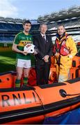 8 March 2017; The RNLI and the GAA have announced a major partnership aimed at reducing the number of people who lose their lives though drowning in Ireland. The lifeboat charity and the sporting organisation will work with clubs and communities to provide information and support through the ‘Respect the Water’ campaign, which will run throughout the summer. The partnership will be supported through the GAA’s Healthy Clubs initiative. There are 333 GAA clubs in 10km radius of the 46 RNLI lifeboat stations in Ireland. Pictured are, from left, Kerry footballer Killian Young, broadcaster Mícheál Ó Muircheartaigh, and Valentia Co. Kerry RNLI crew member Brendan Curtin, at Croke Park in Dublin. Photo by Seb Daly/Sportsfile