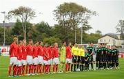 9 August 2011; The Republic of Ireland and Austia teams during the National Anthems. U21 International Friendly, Republic of Ireland v Austria, The Showgrounds, Sligo. Picture credit: Stephen McCarthy / SPORTSFILE